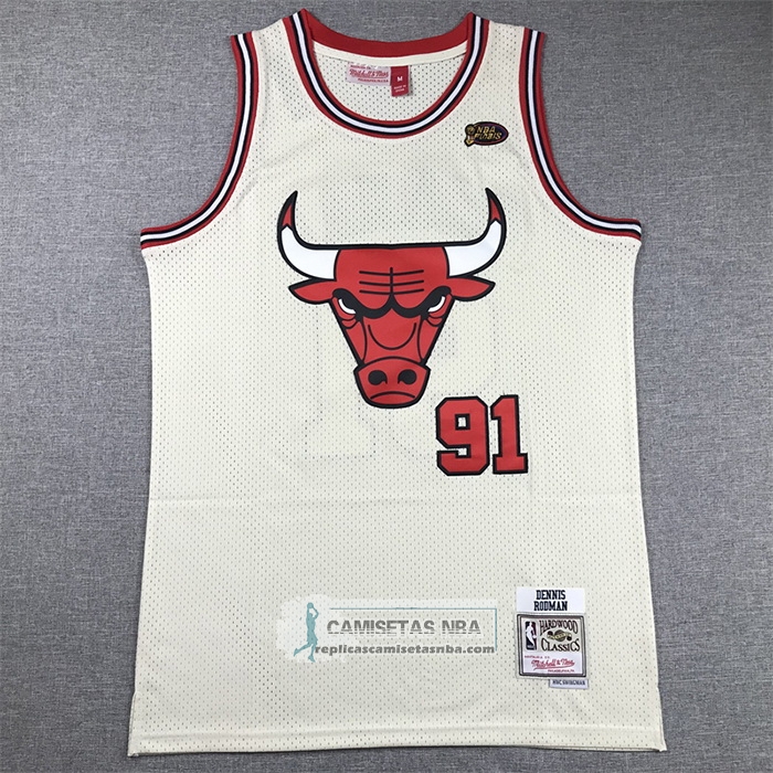 Camiseta Chicago Bulls Dennis Rodman NO 91 Mitchell & Ness Chainstitch Crema